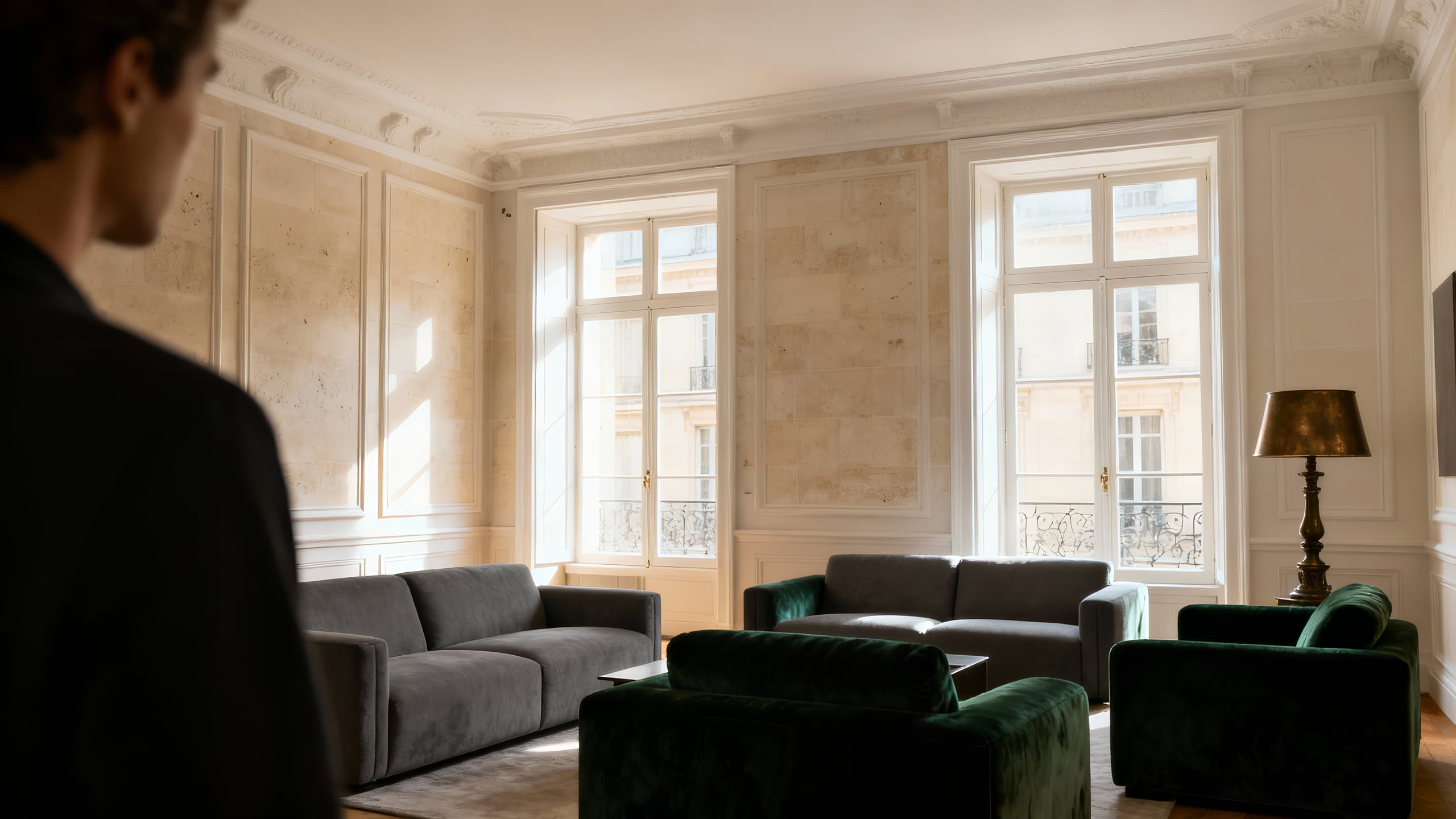 Salón señorial bañado por luz natural en un piso prime.
